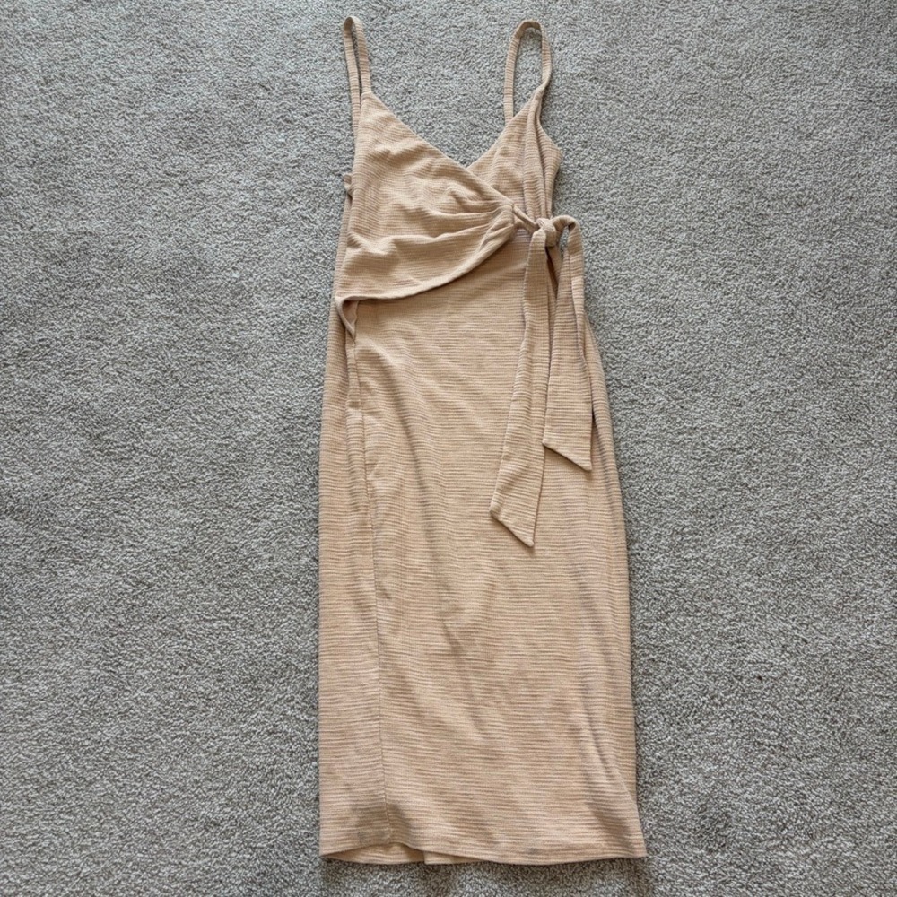 Revolve Privacy Please Evelyn Midi Dress Womens S Beige Wrap Stretch Bodycon